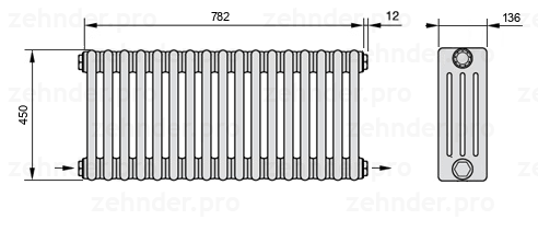 Схема (чертеж) Радиатор Zehnder Charleston 4045/17 №2670 Белый глянцевый RAL 9016
